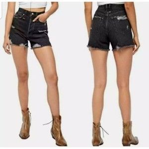 Free People Makai Distressed Denim Shorts Black High Rise Button Fly 28 Boho
